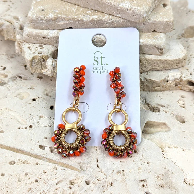 Coral & Gold Beaded Drop Earrings