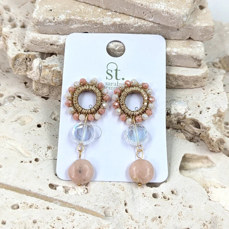 Pink & Cream Beaded Drop Earrings