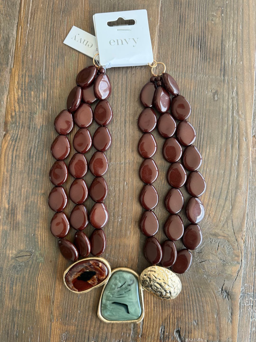 Coffee, Green & Gold Chunky Resin Bead Necklace