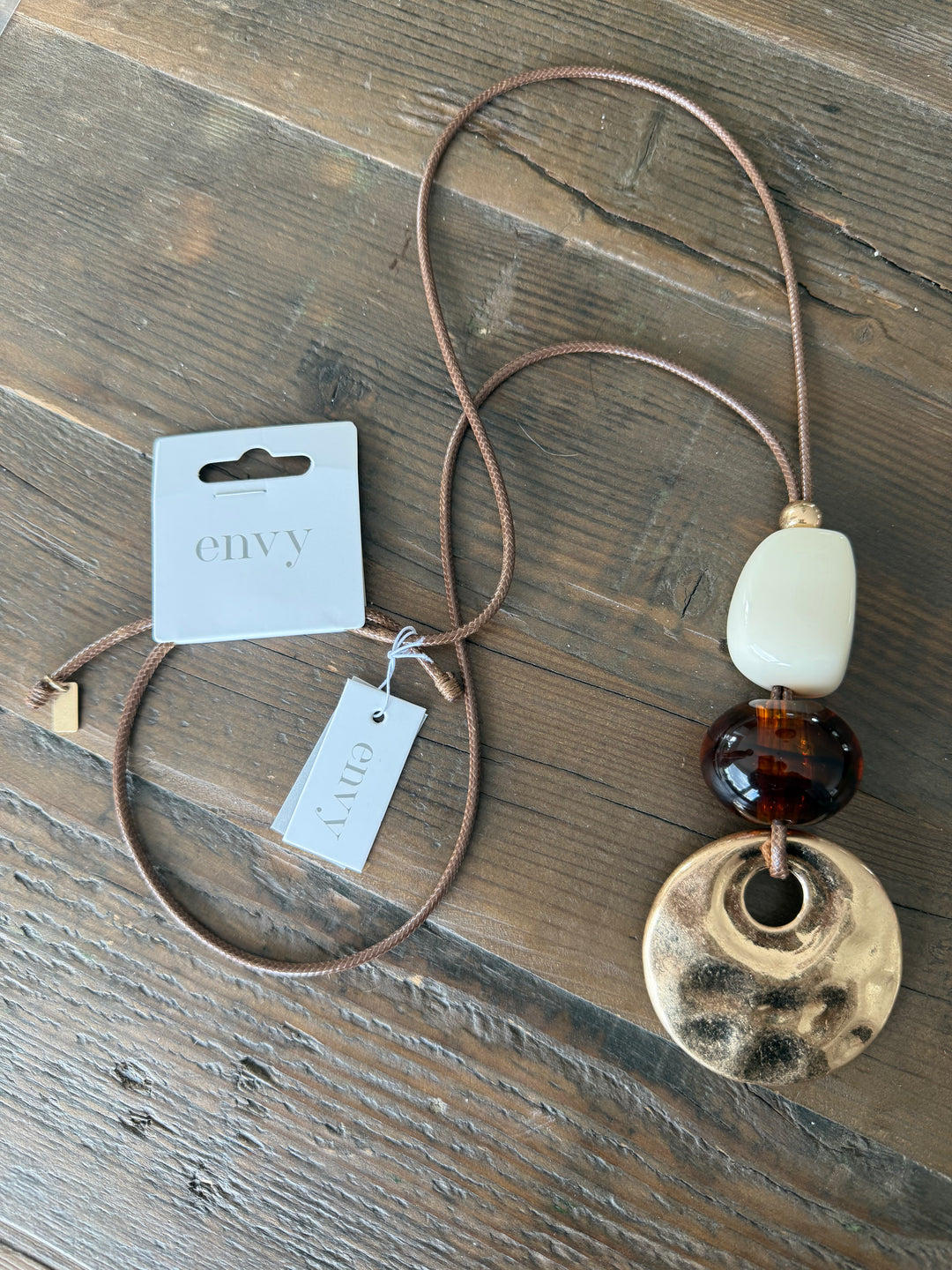 Hammered Gold Pendant Tan Cord Necklace
