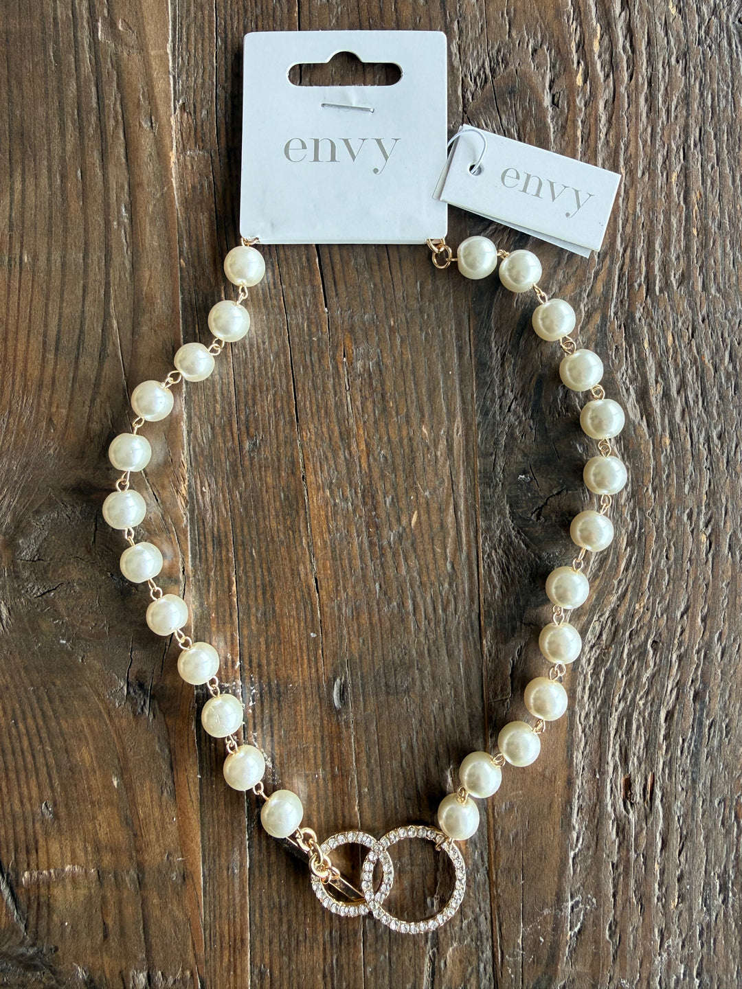 Short Pearl Bead Necklace with Diamante T Bar