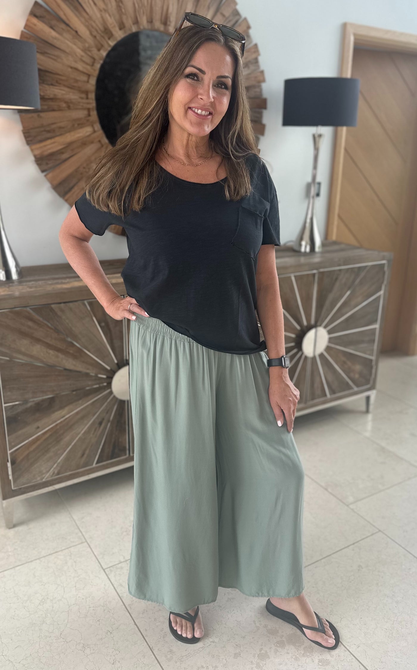 Khaki Cropped Palazzo Trousers