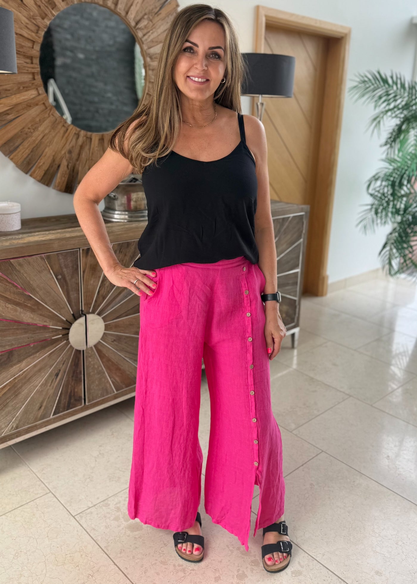 Fuchsia Linen Button Detail Trousers