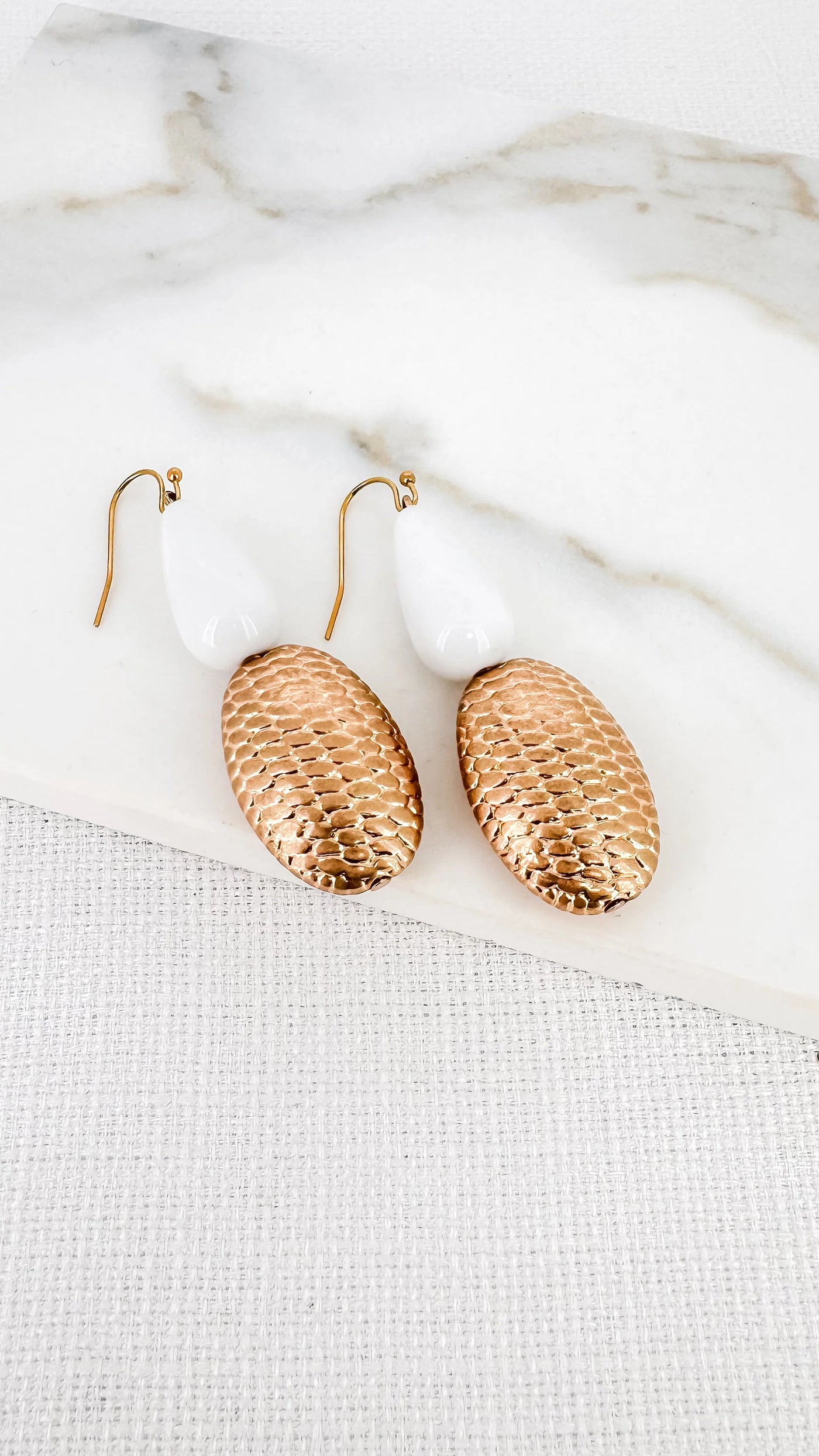 White Stone & Gold Oval Drop Earrings