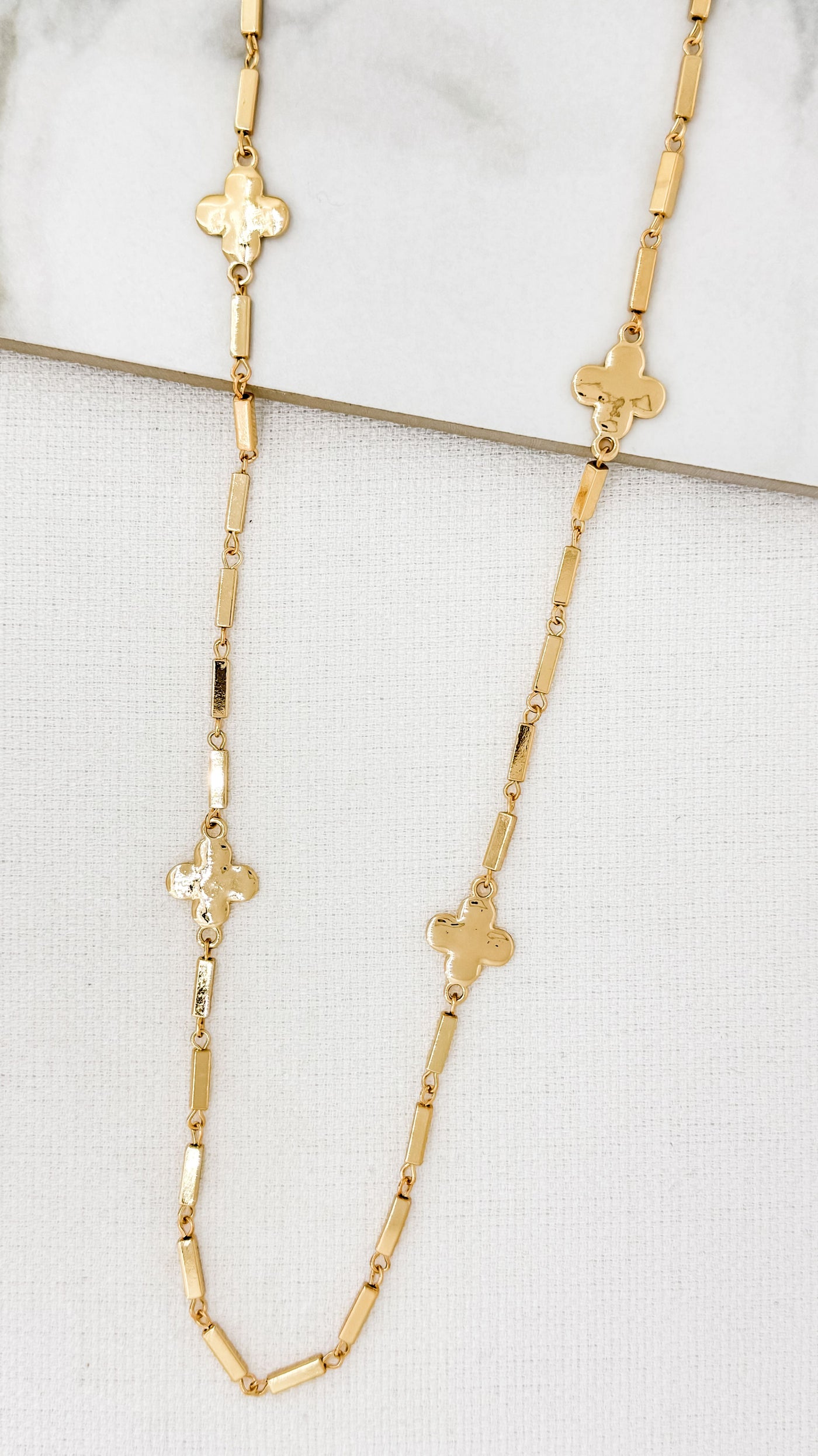 Gold Clovers & Rectangles Long Necklace