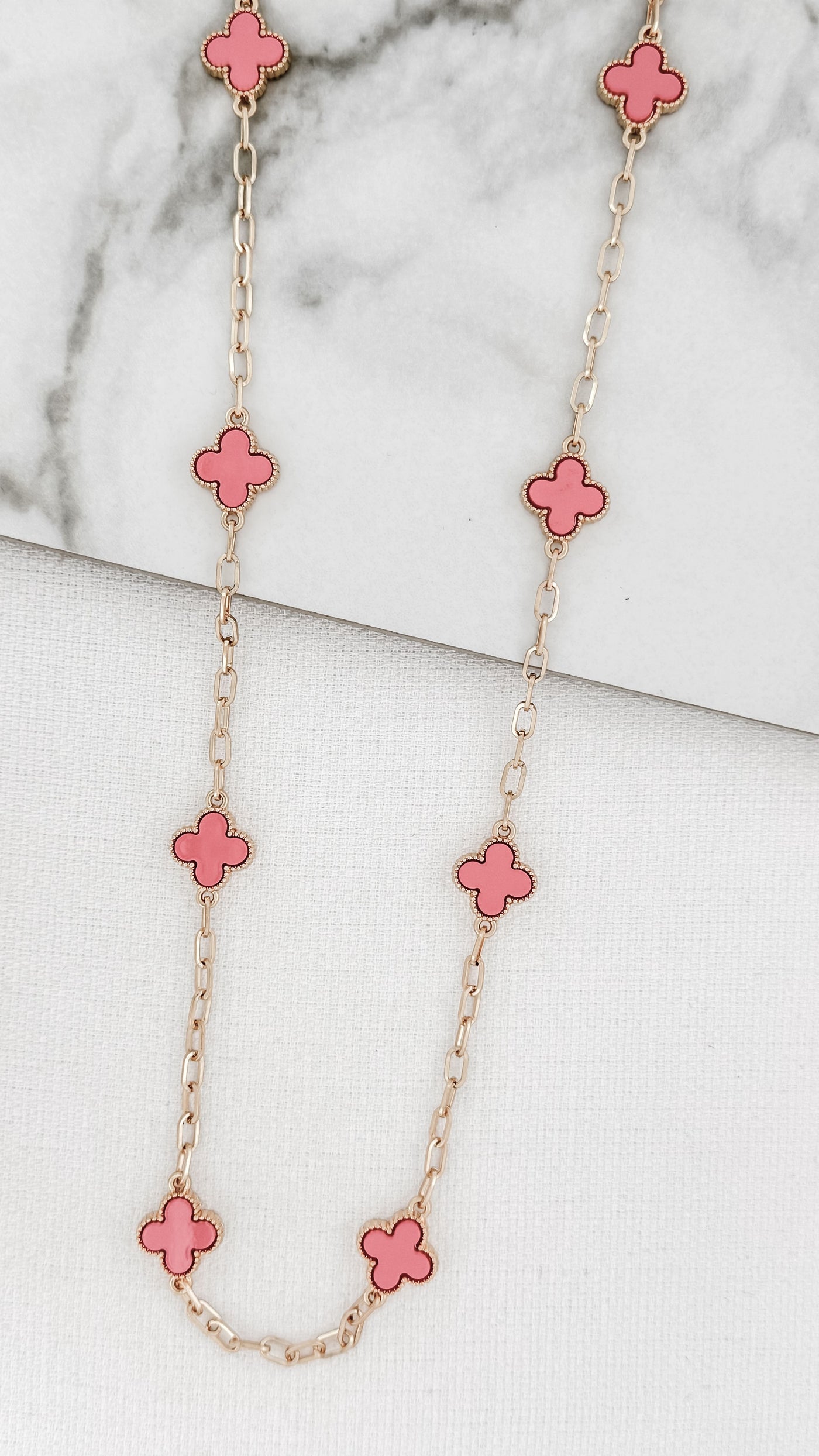 Gold & Pink Clover Long Necklace