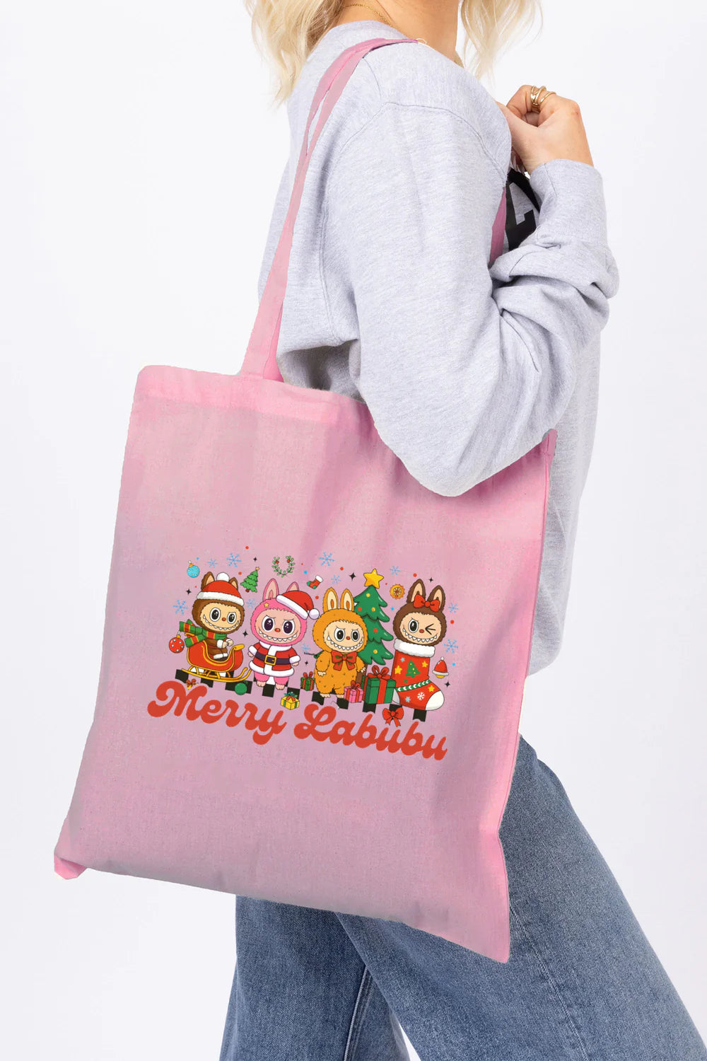 Pink Xmas Labubu Tote Bag
