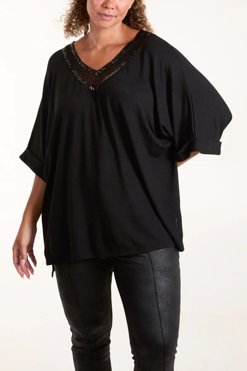 Black Sequin Neckline Top