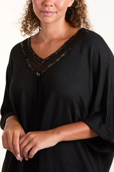 Black Sequin Neckline Top