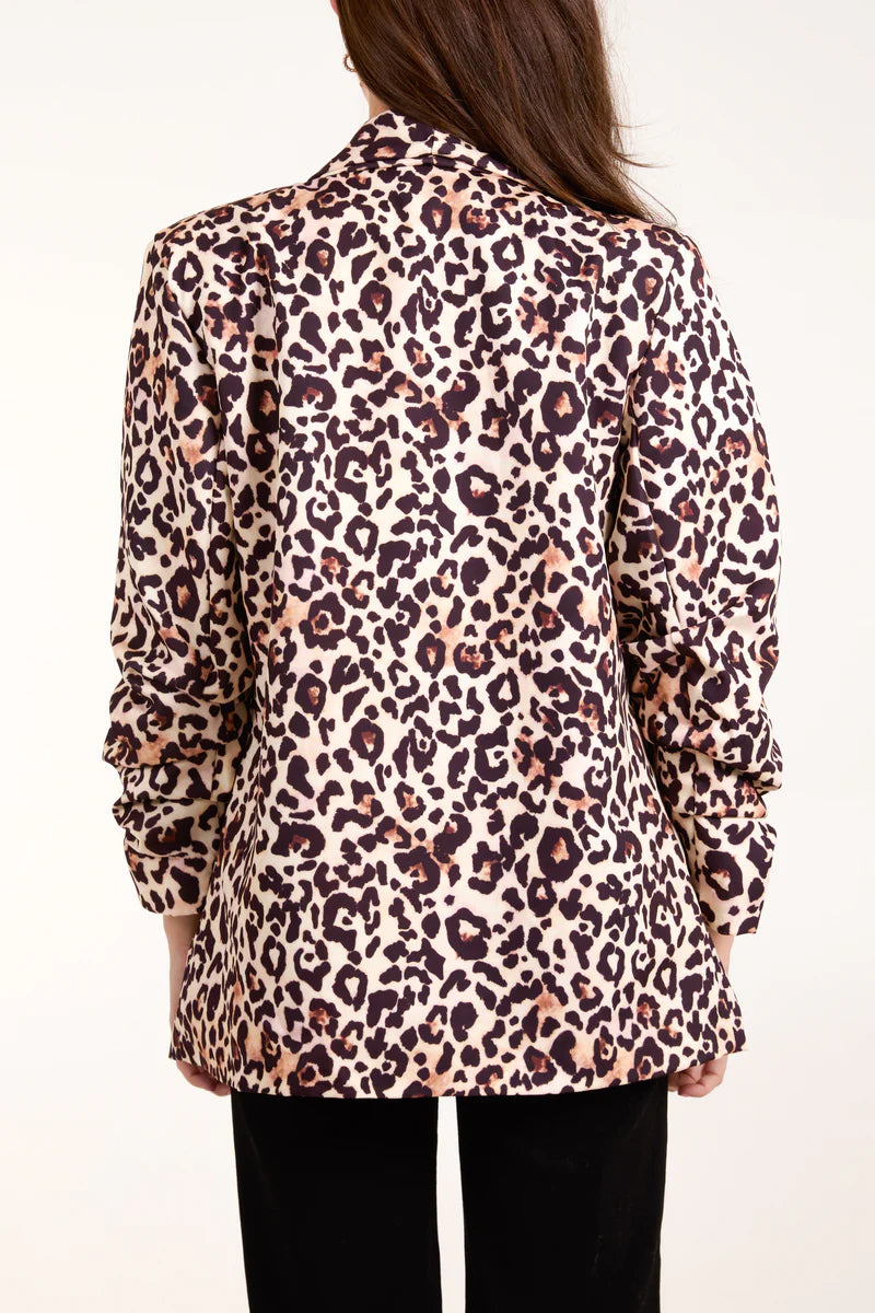 Leopard Ruched Sleeve Blazer