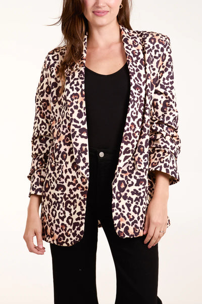 Leopard Ruched Sleeve Blazer