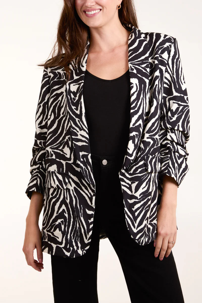 Zebra Ruched Sleeve Blazer