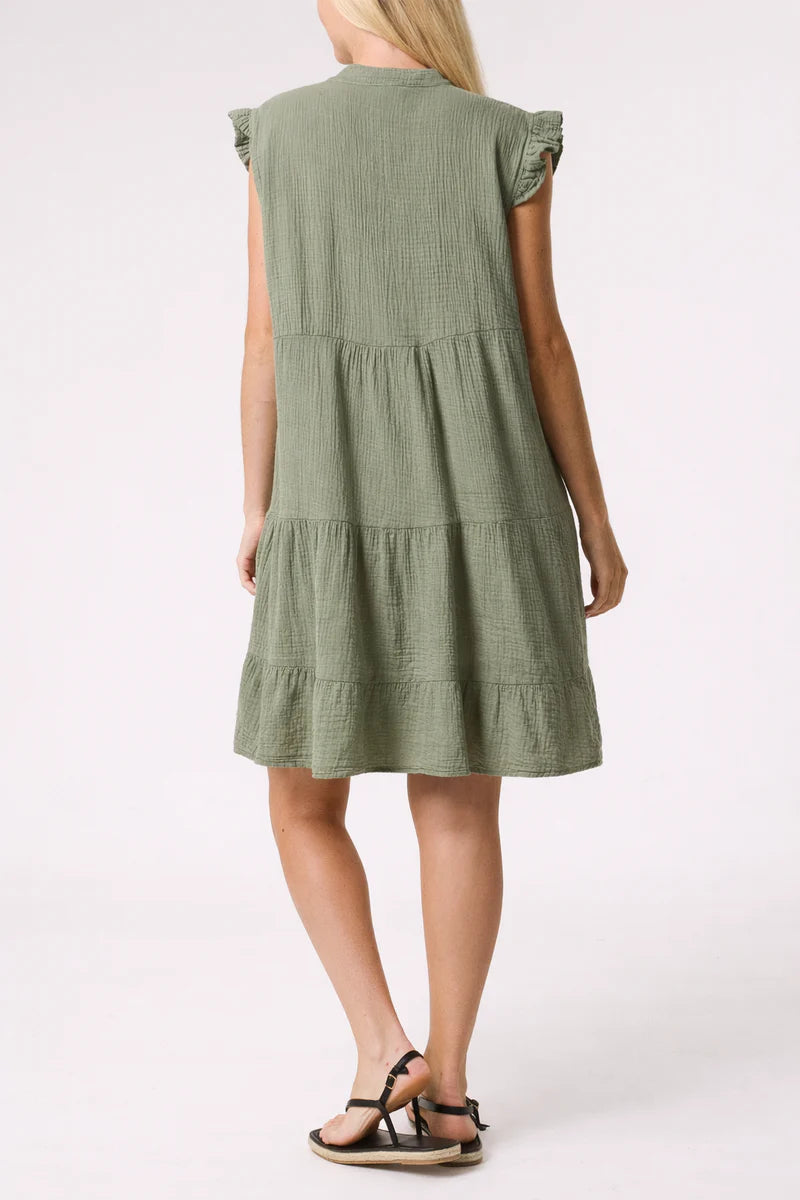 Khaki Cheesecloth Frill Dress