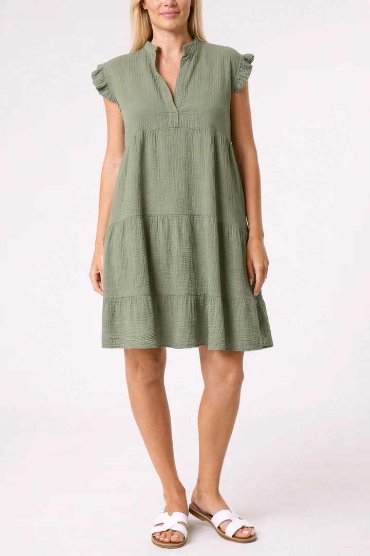 Khaki Cheesecloth Frill Dress
