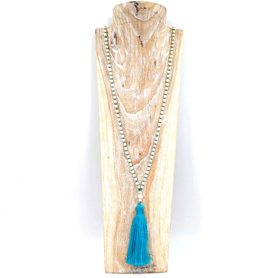 Turquoise Blue Tassel Beaded Necklace