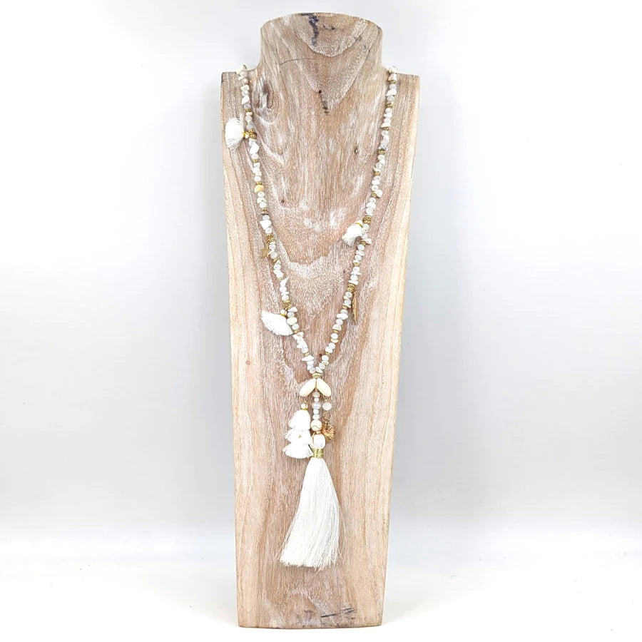 White Bead, Shell & Tassel Long Necklace