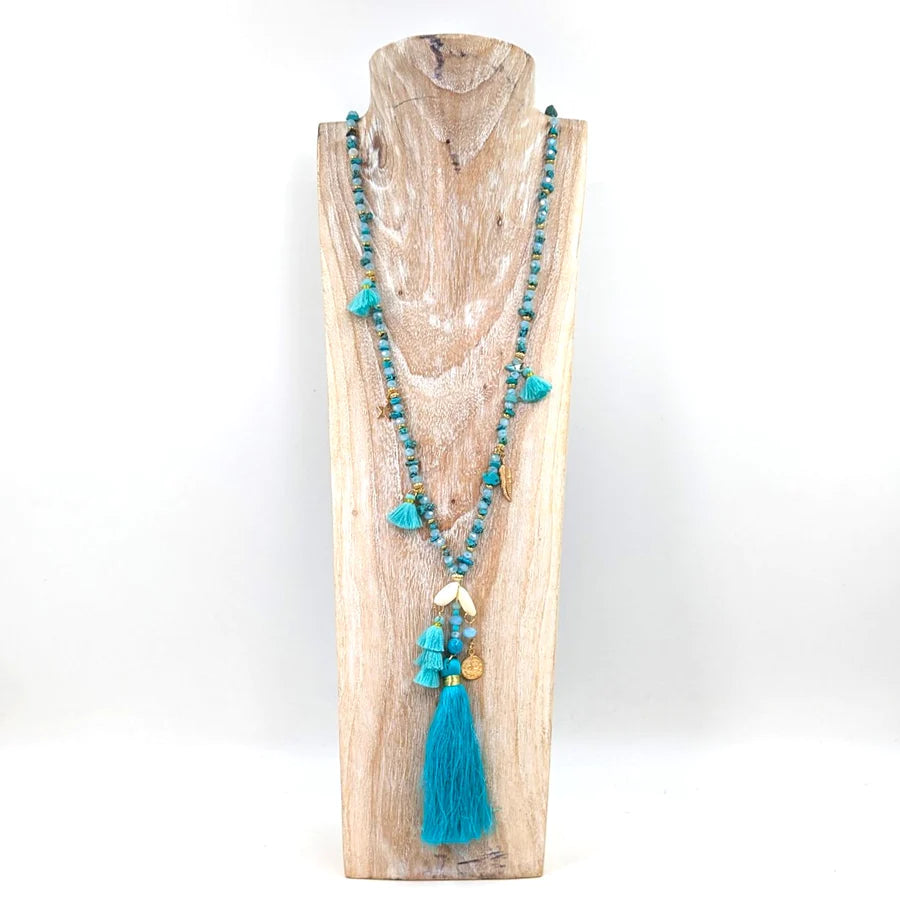 Turquoise Bead, Shell & Tassel Long Necklace