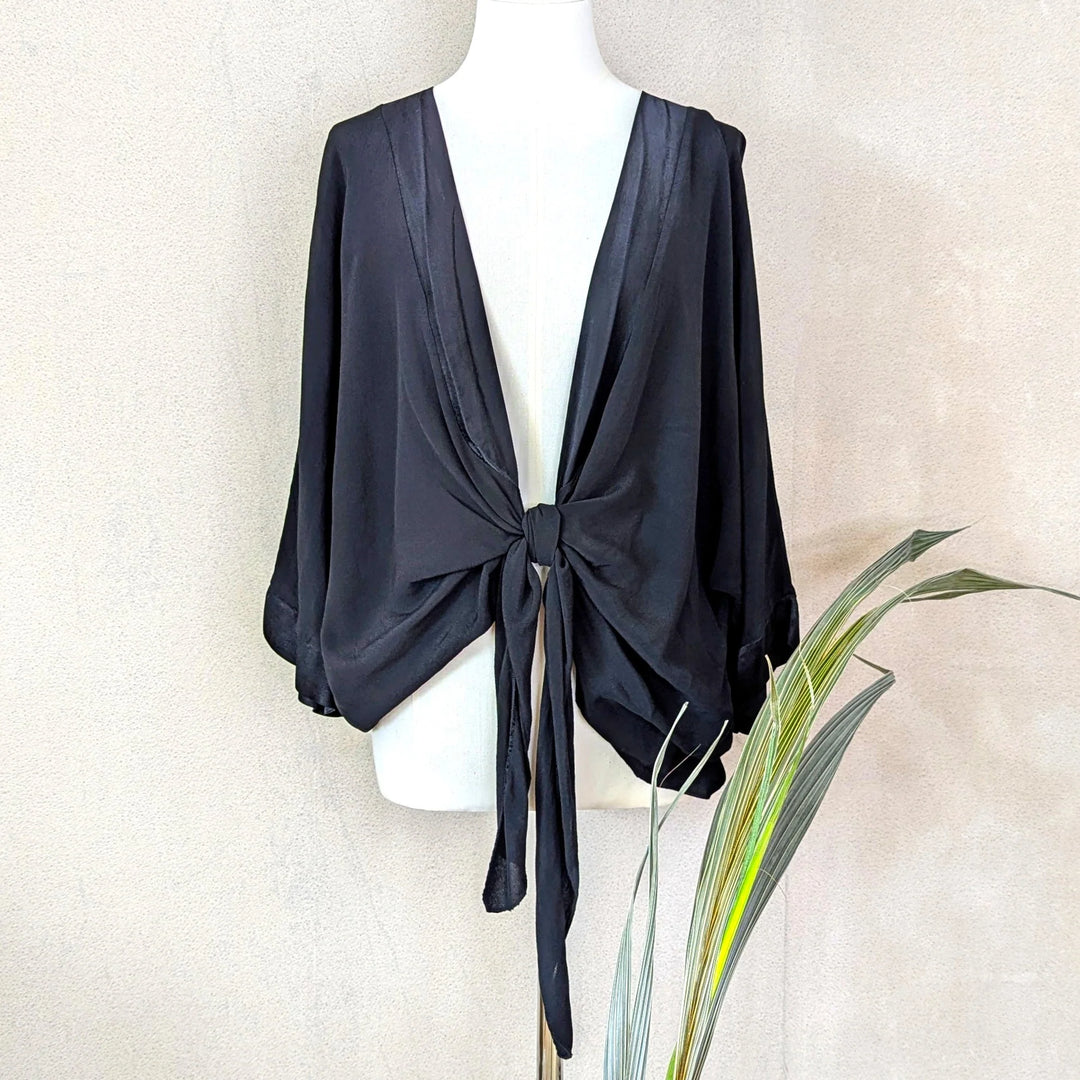 Black Tie Front Satin Trim Cover Up