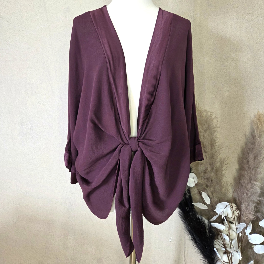Plum Tie Front Satin Trim Cover Up