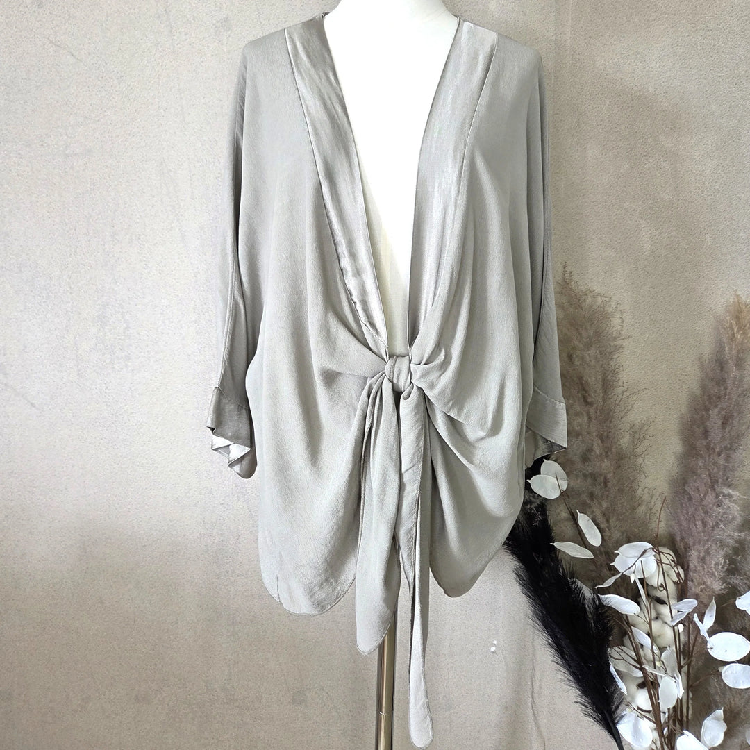 Taupe Tie Front Satin Trim Cover Up