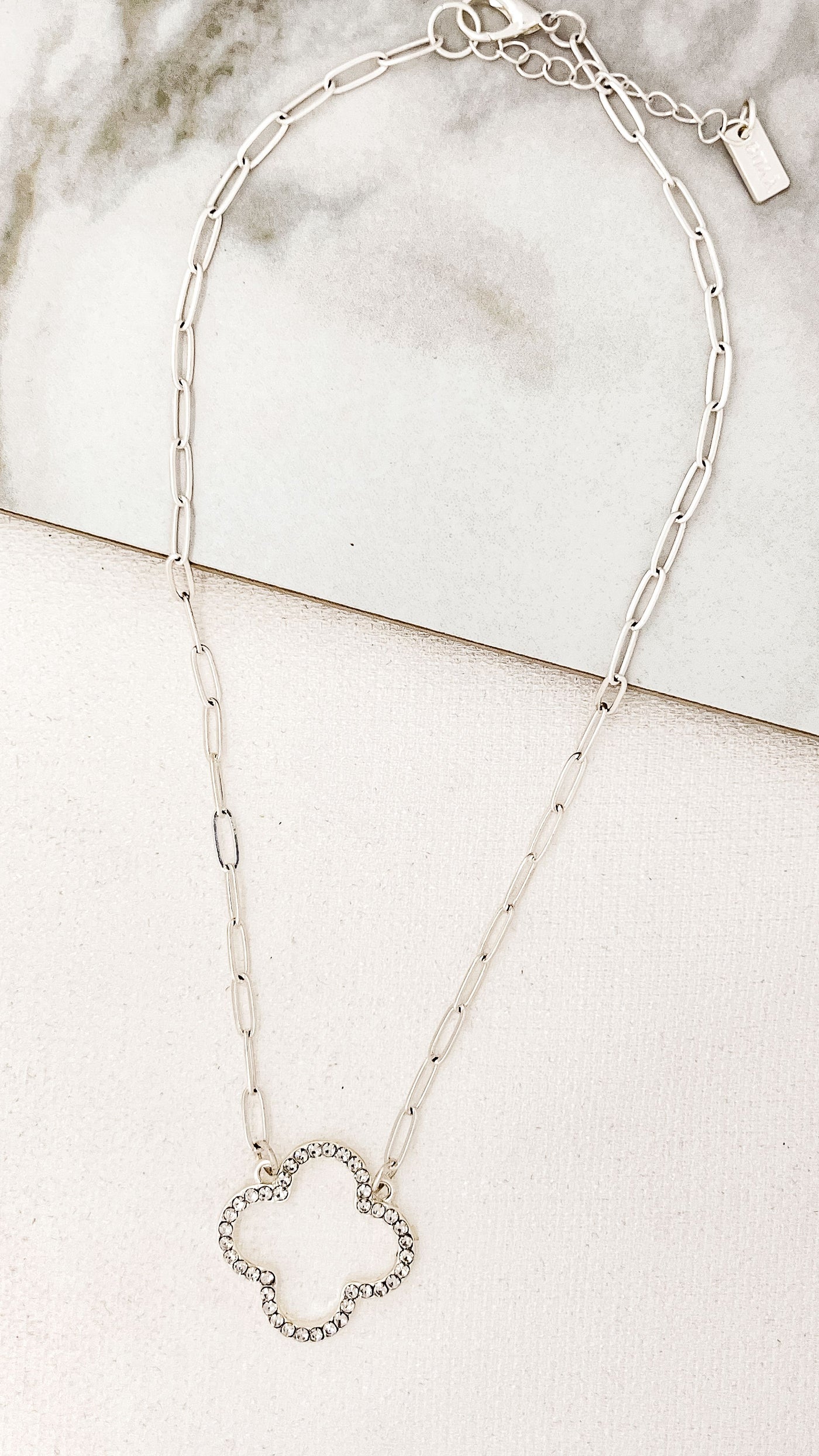 Silver Diamante Cut Out Clover Necklace