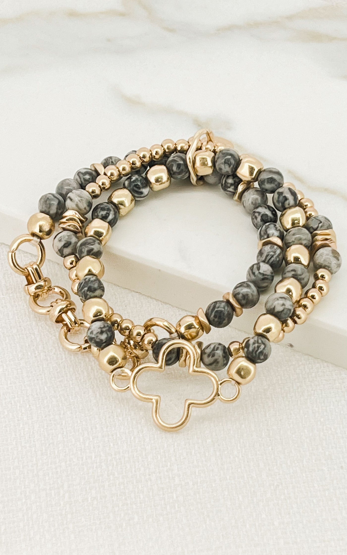 Grey & Gold Clover 3 Layer Bracelet