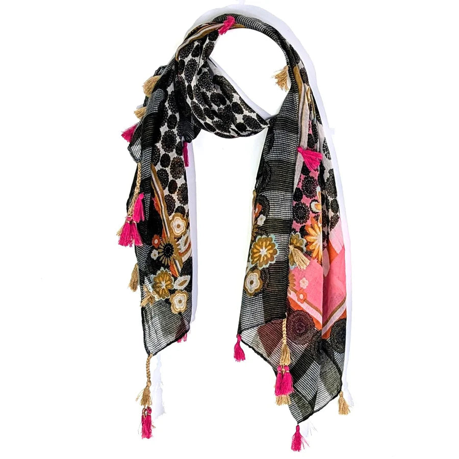 Pink & Black Pattern Tassel Scarf