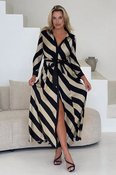 Black & Champagne Stripe Shirt Dress