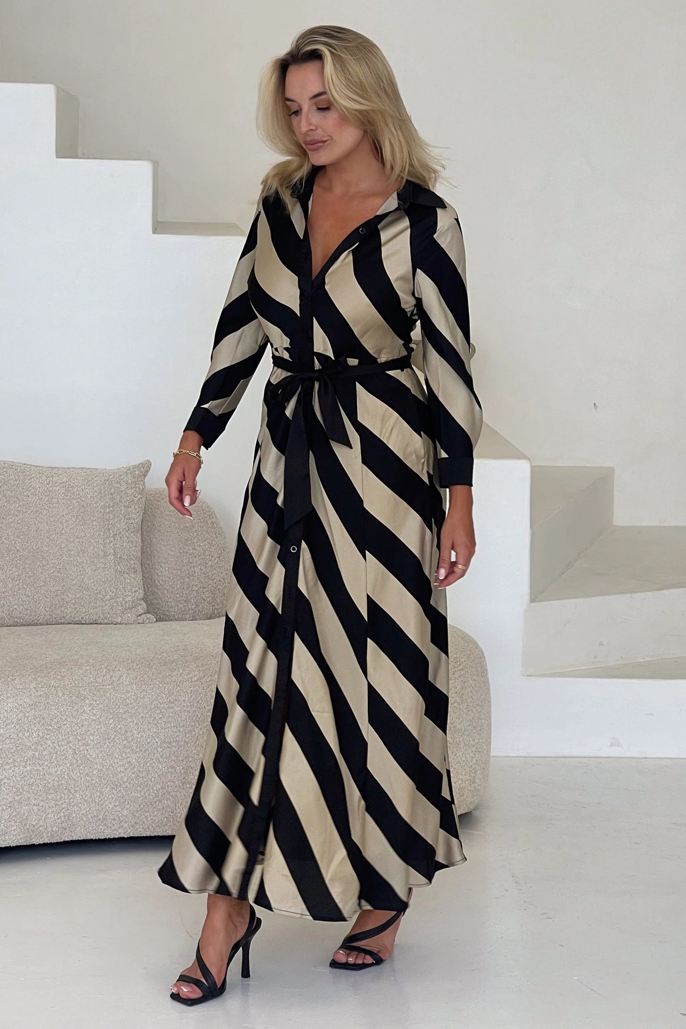 Black & Champagne Stripe Shirt Dress