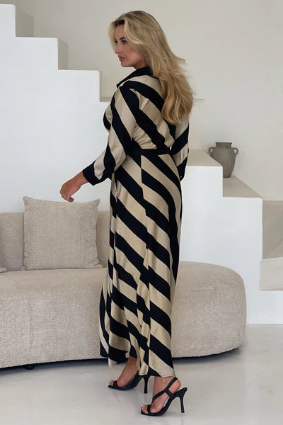 Black & Champagne Stripe Shirt Dress