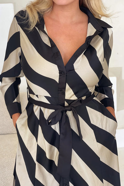 Black & Champagne Stripe Shirt Dress