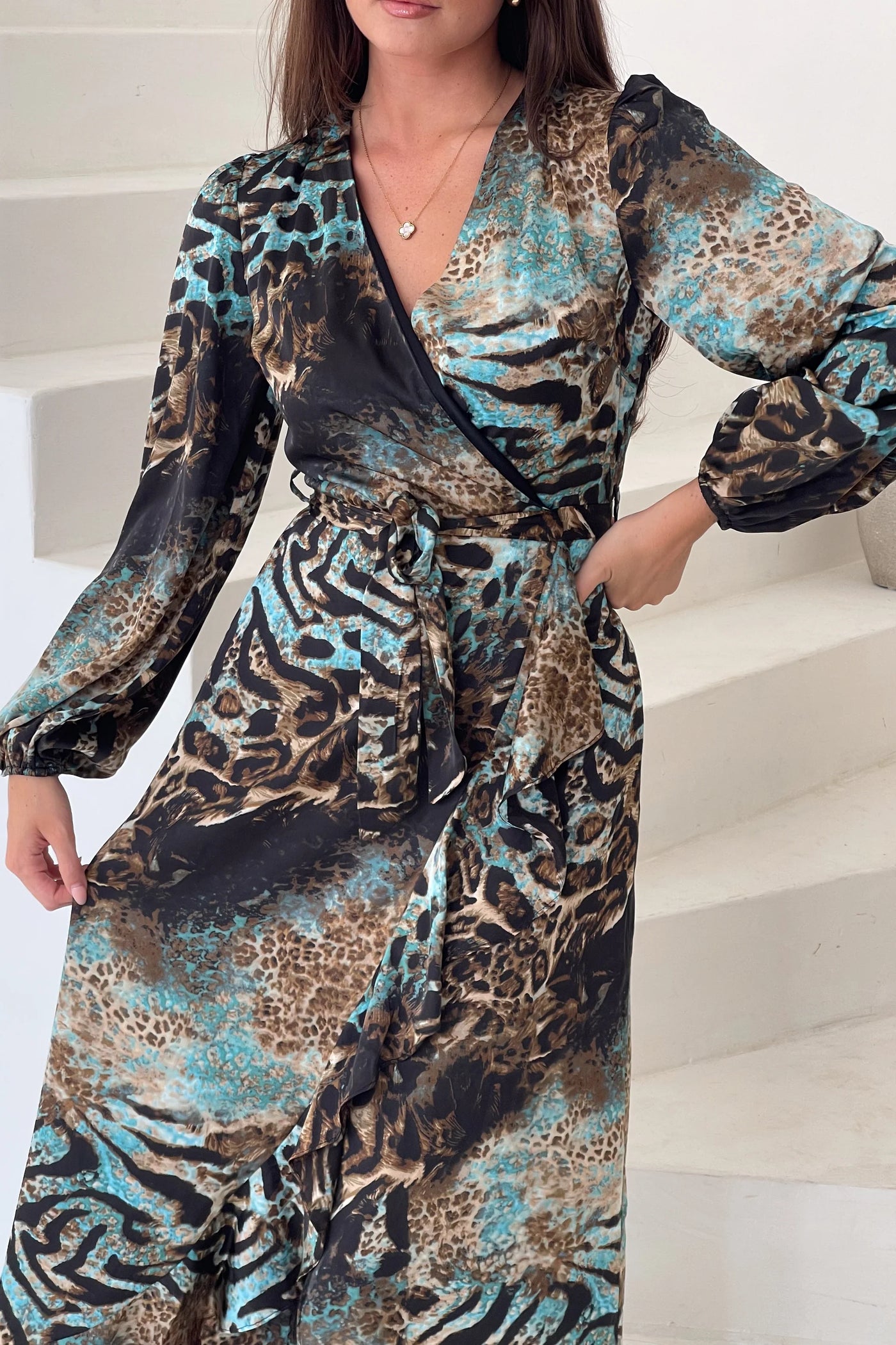 Blue & Brown Animal Wrap Dress