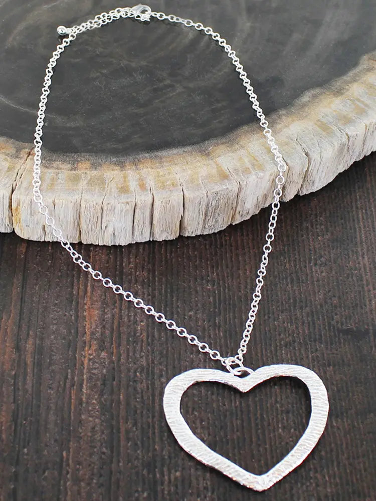 Textured Heart Silver Plate Necklace