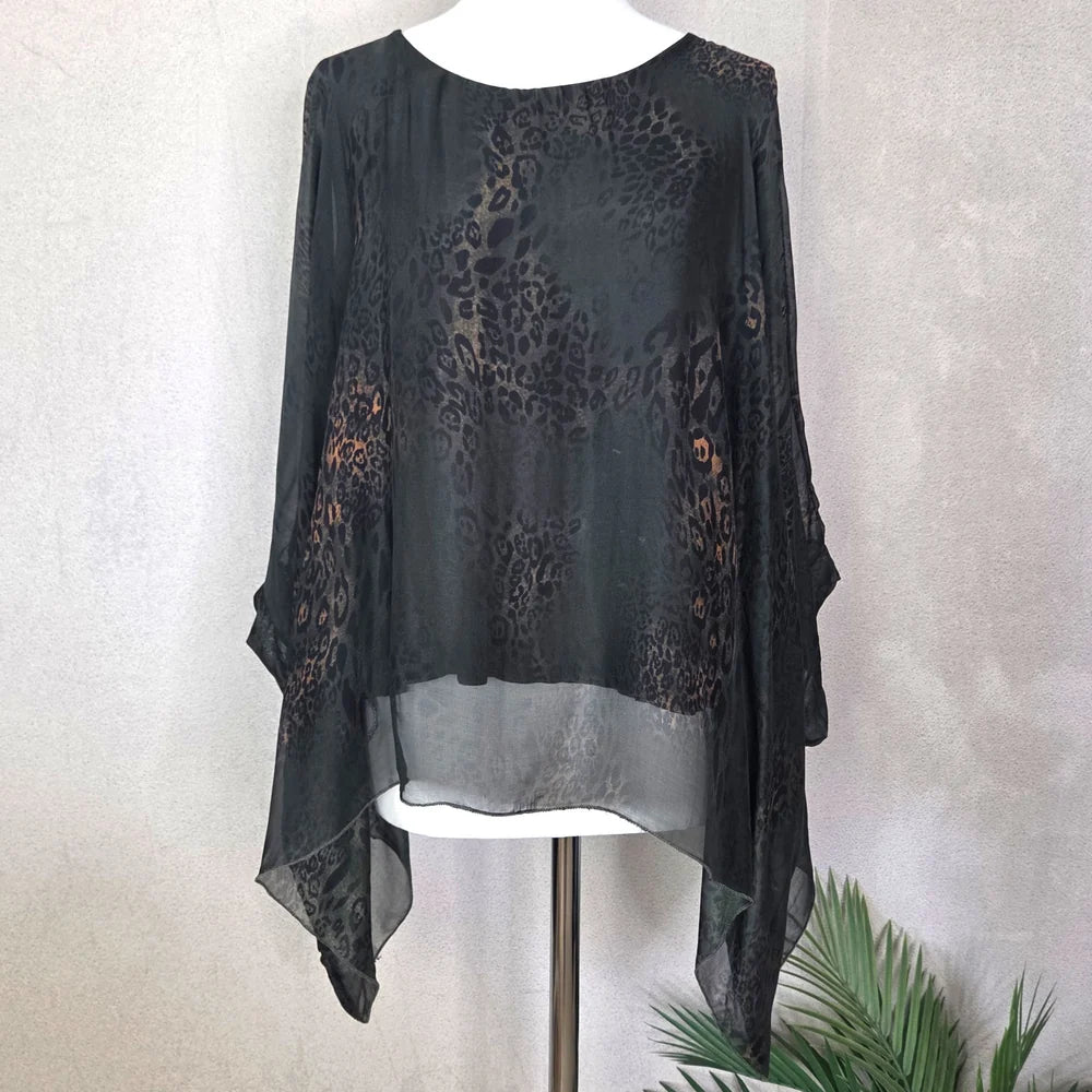 Slate Teal/Grey Leopard Silk Batwing Top