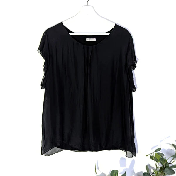 Black Silk Blend Angel Sleeve Top