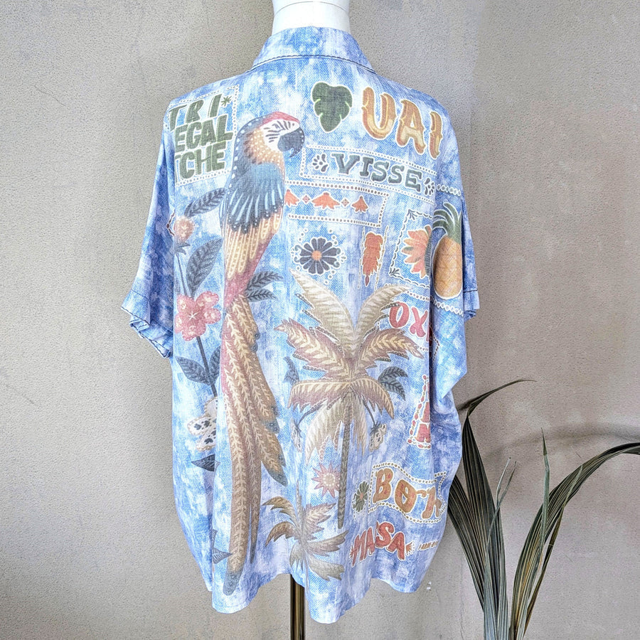 Washed Tropical Print Linen Mix Shirt