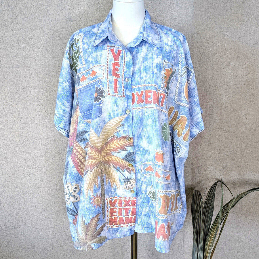 Washed Tropical Print Linen Mix Shirt