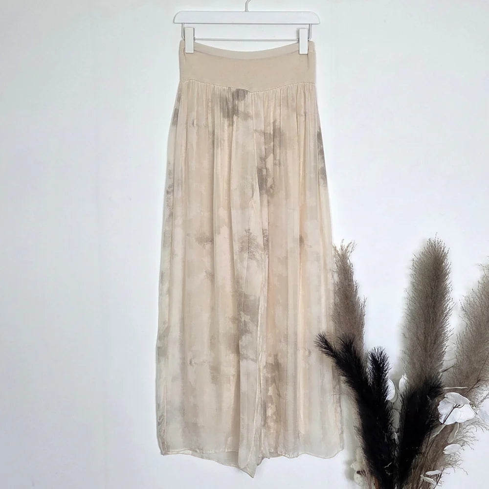 Cream Digital Print Silk Pants With Jersey Waistband