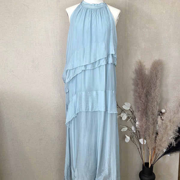 Aqua Silk Ruffle Maxi Dress
