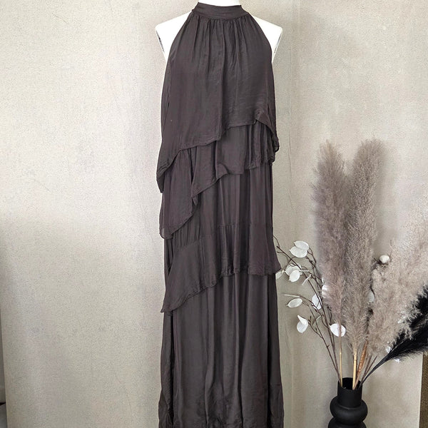 Chocolate Silk Ruffle Maxi Dress