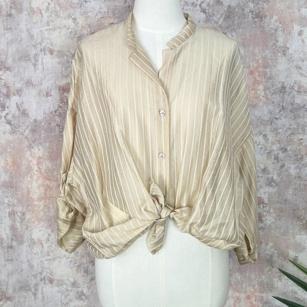 Sand Pinstripe Tie Front Shirt