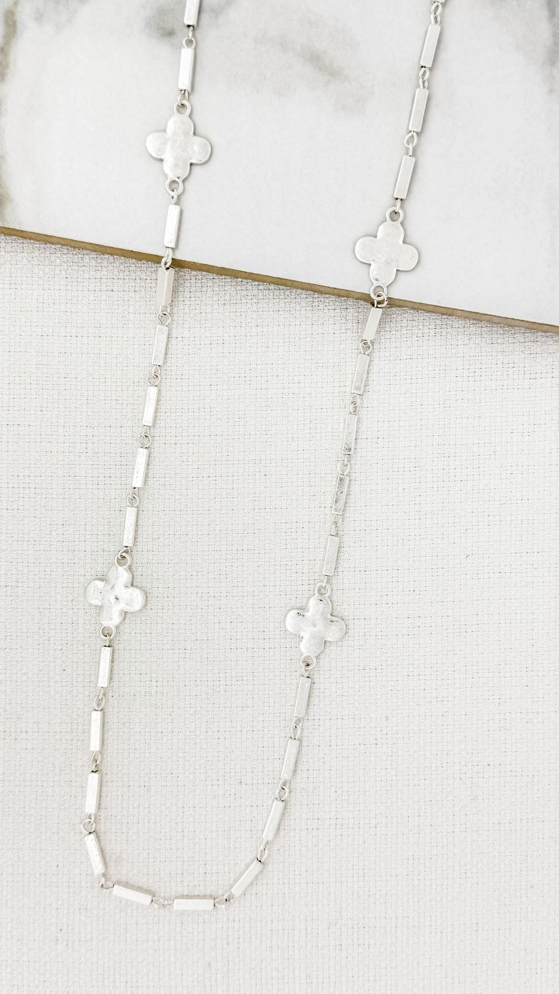 Silver Clovers & Rectangles Long Necklace