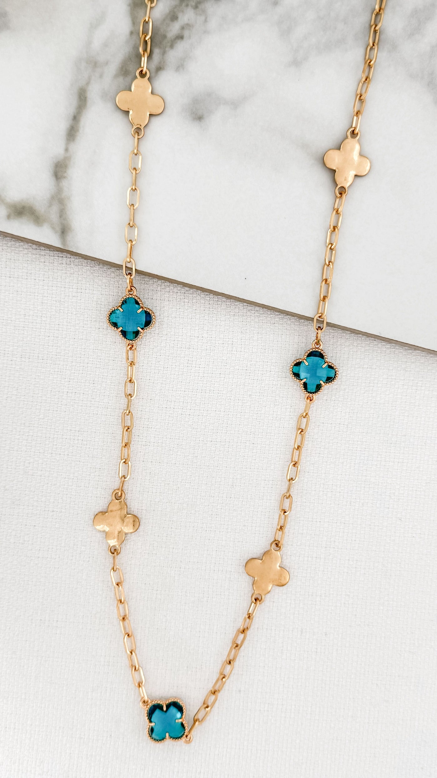 Gold & Turquoise Glass Clover Long Necklace