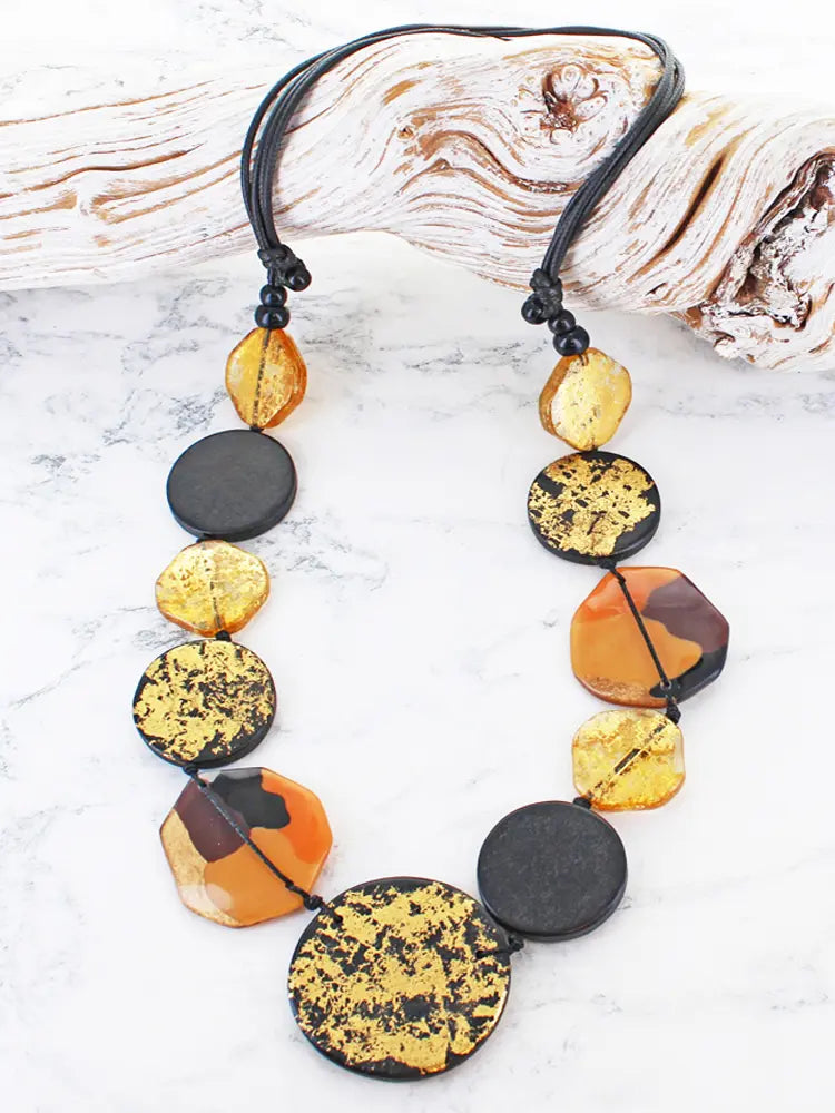 Black & Gold Resin & Wood Necklace