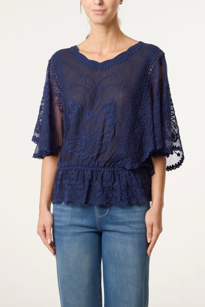 Navy Lace Butterfly Top