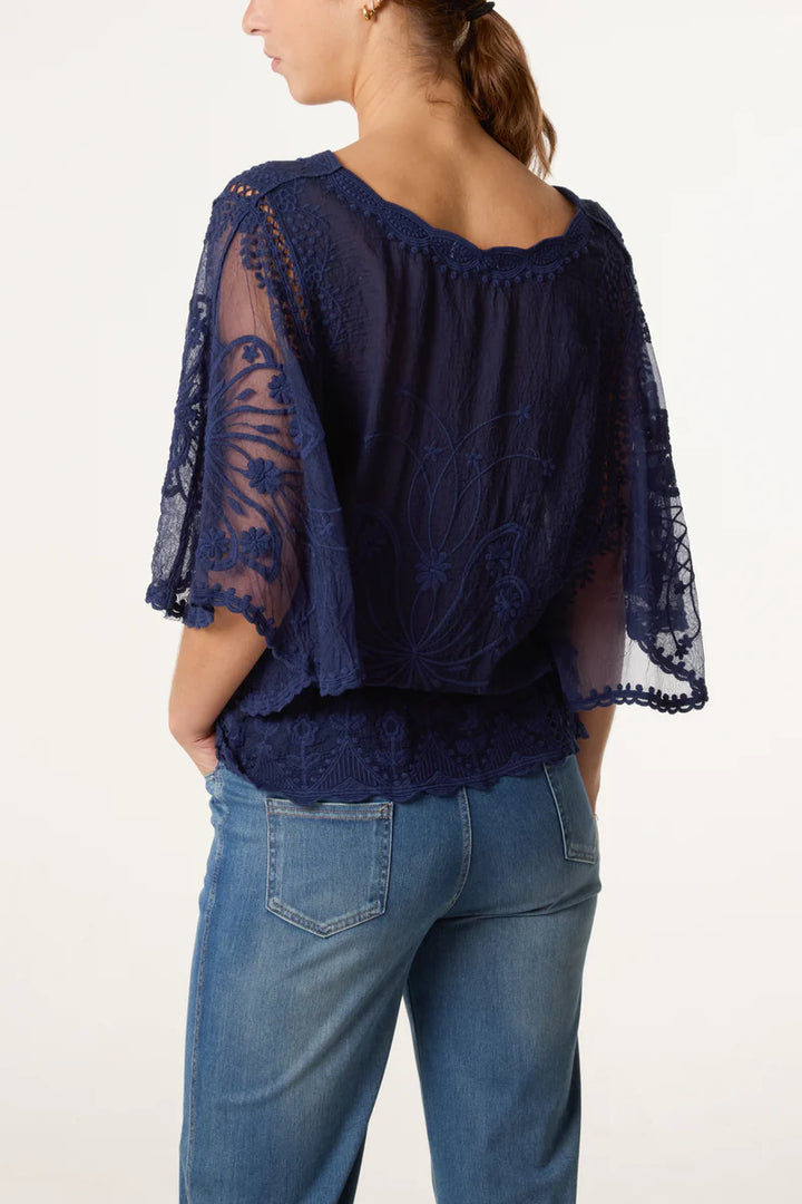 Navy Lace Butterfly Top