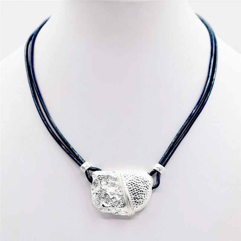 Blue & Silver Short Leather Necklace