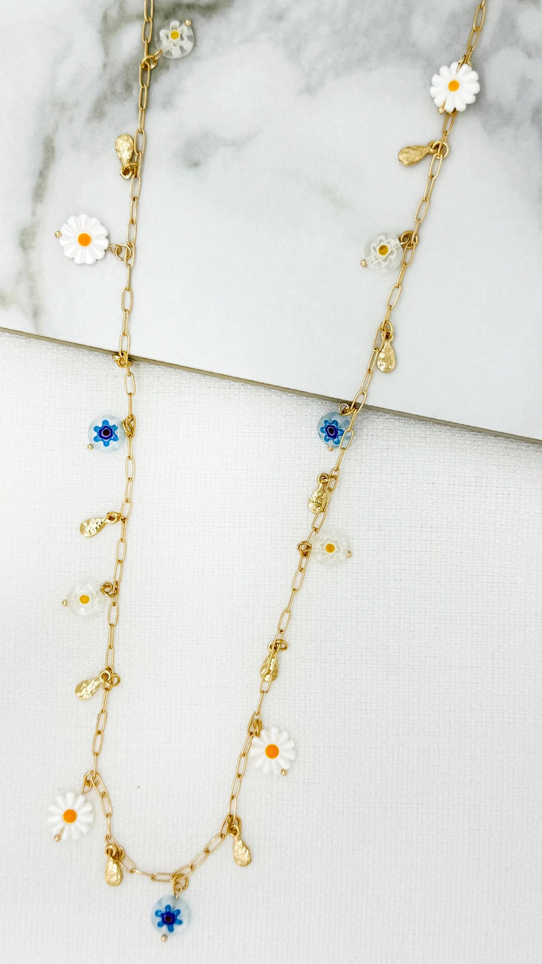 Long Gold White & Blue Daisy Necklace