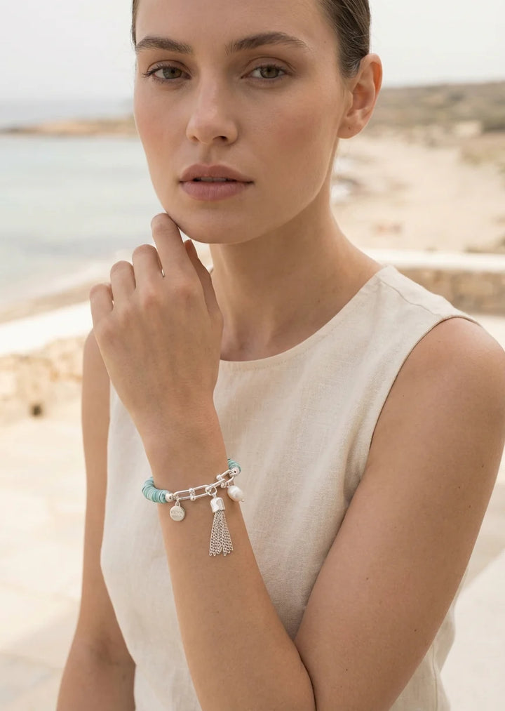 Turquoise Shell & Silver Tassel Bracelet