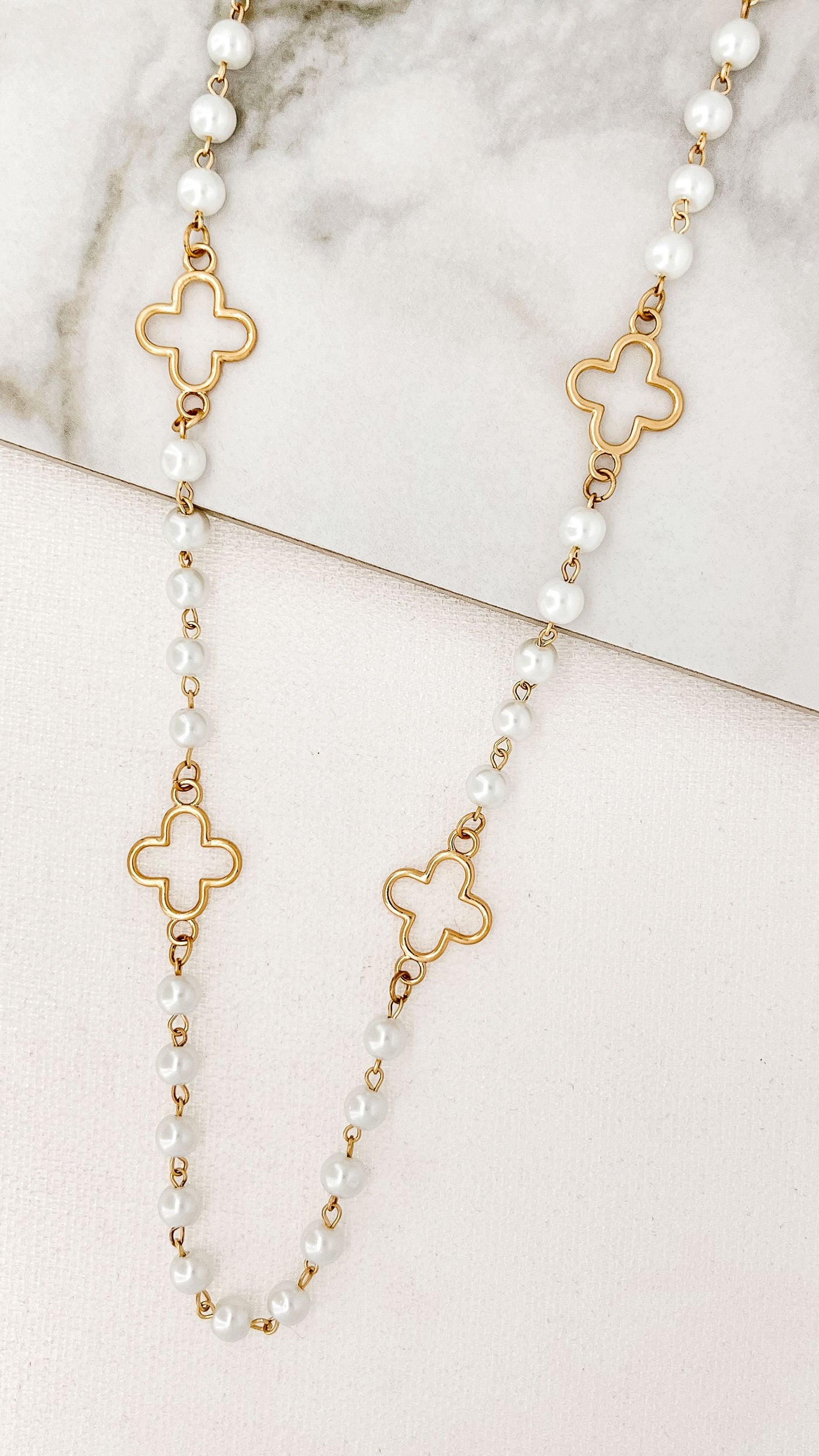 Pearl Bead & Gold Clover Necklace